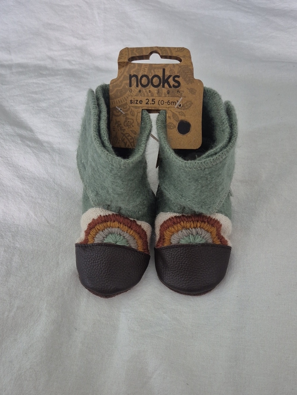 Nooks Sage Green Wool Baby Booties with Brown Leather Accents